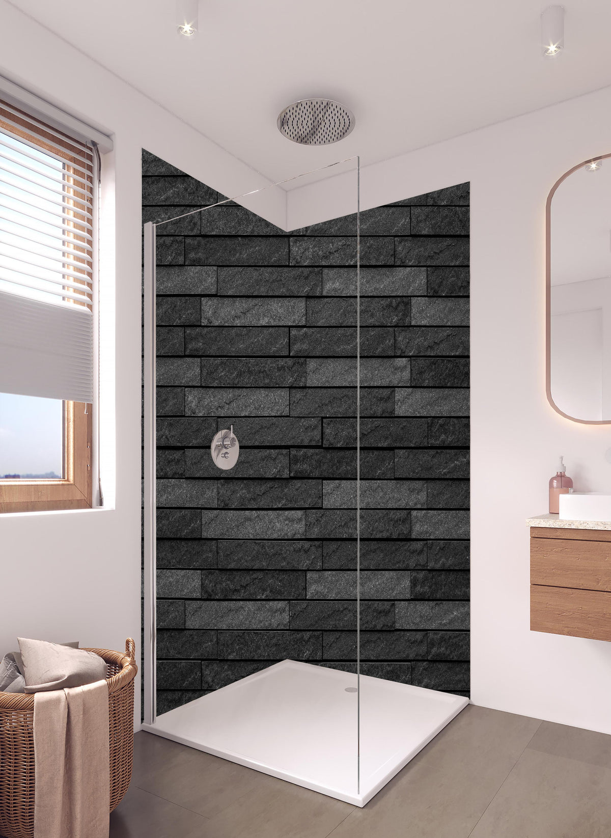 Duschrückwand - Schwarze stilvolle Backsteinmauer in hellem Badezimmer mit Regenduschkopf - zweiteilige Eck-Duschrückwand