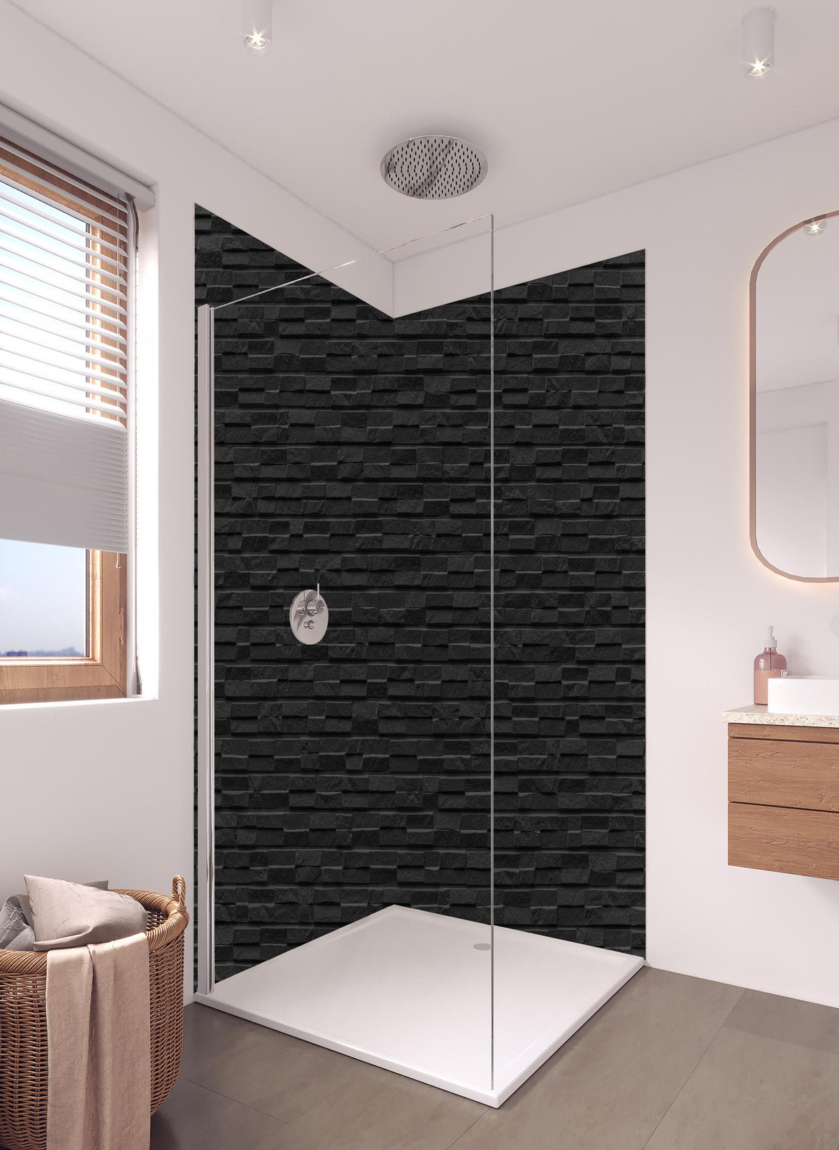 Duschrückwand - Schwarzer Stein Ziegel Textur und Hintergrund in hellem Badezimmer mit Regenduschkopf - zweiteilige Eck-Duschrückwand