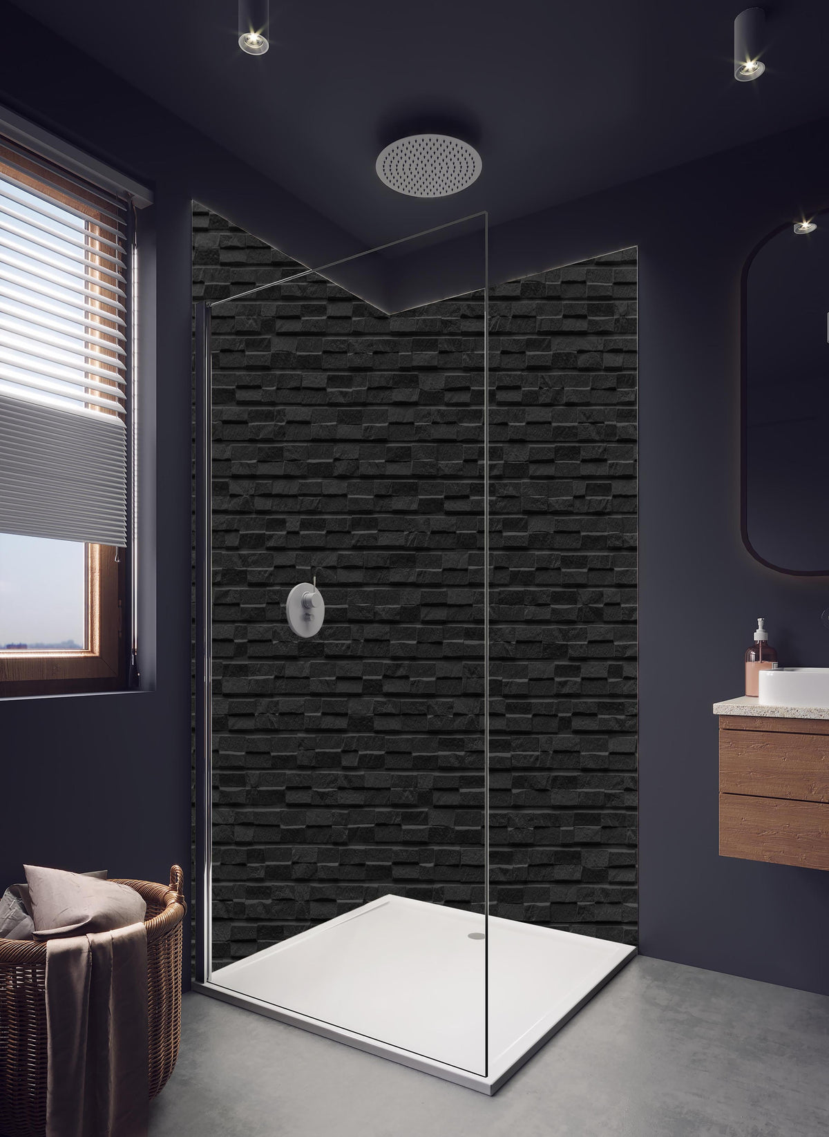 Duschrückwand - Schwarzer Stein Ziegel Textur und Hintergrund in hellem Badezimmer mit Regenduschkopf - zweiteilige Eck-Duschrückwand