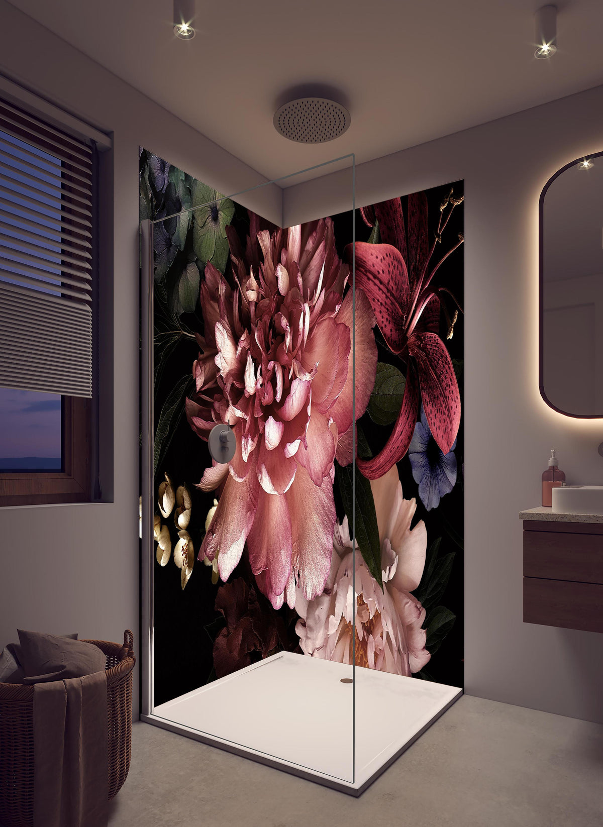 Duschrückwand - Vintage Blumenbouquet in hellem Badezimmer mit Regenduschkopf - zweiteilige Eck-Duschrückwand
