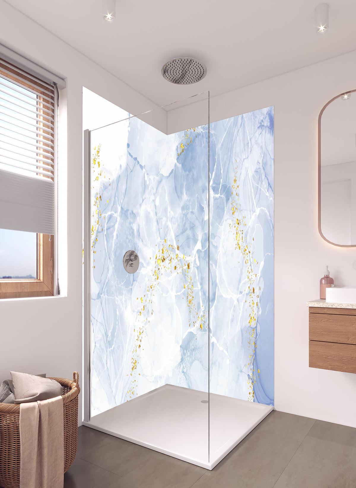 Duschrückwand - Weiß-Gold Marmoroptik Handgemalt Elegant in hellem Badezimmer mit Regenduschkopf - zweiteilige Eck-Duschrückwand