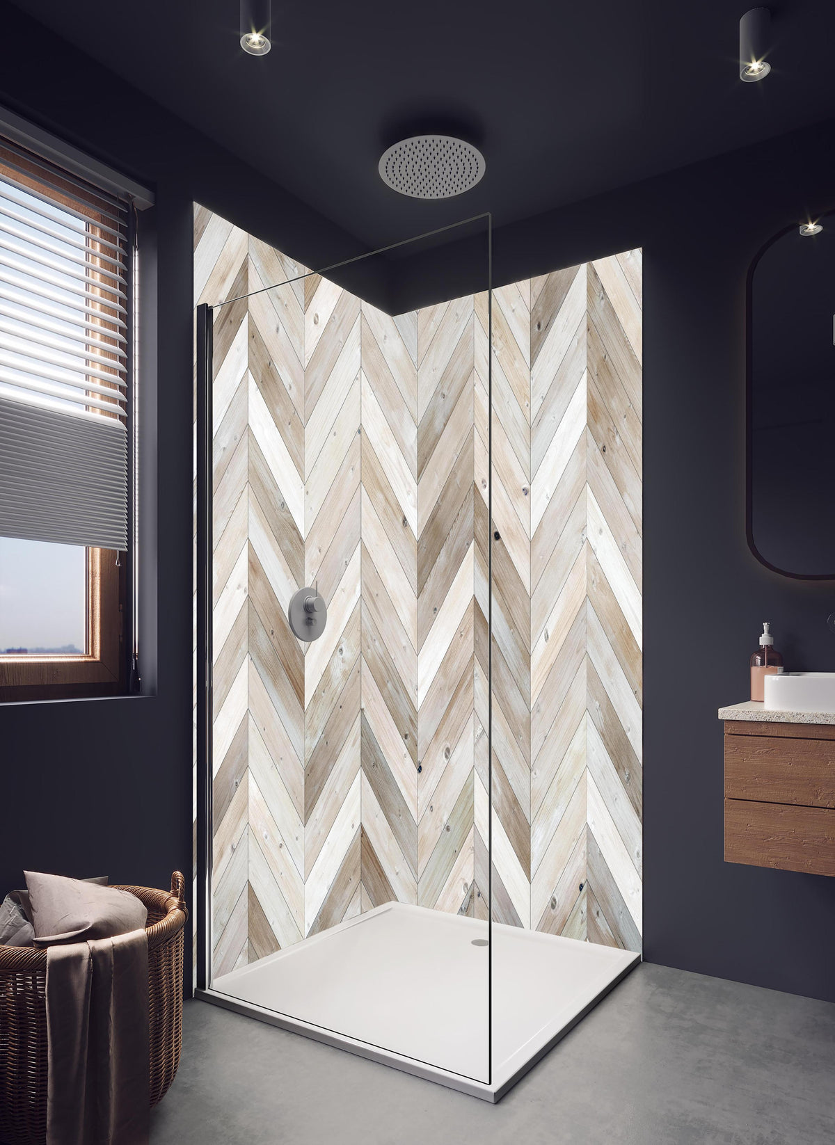 Duschrückwand - Weiße Chevron Textur in hellem Badezimmer mit Regenduschkopf - zweiteilige Eck-Duschrückwand