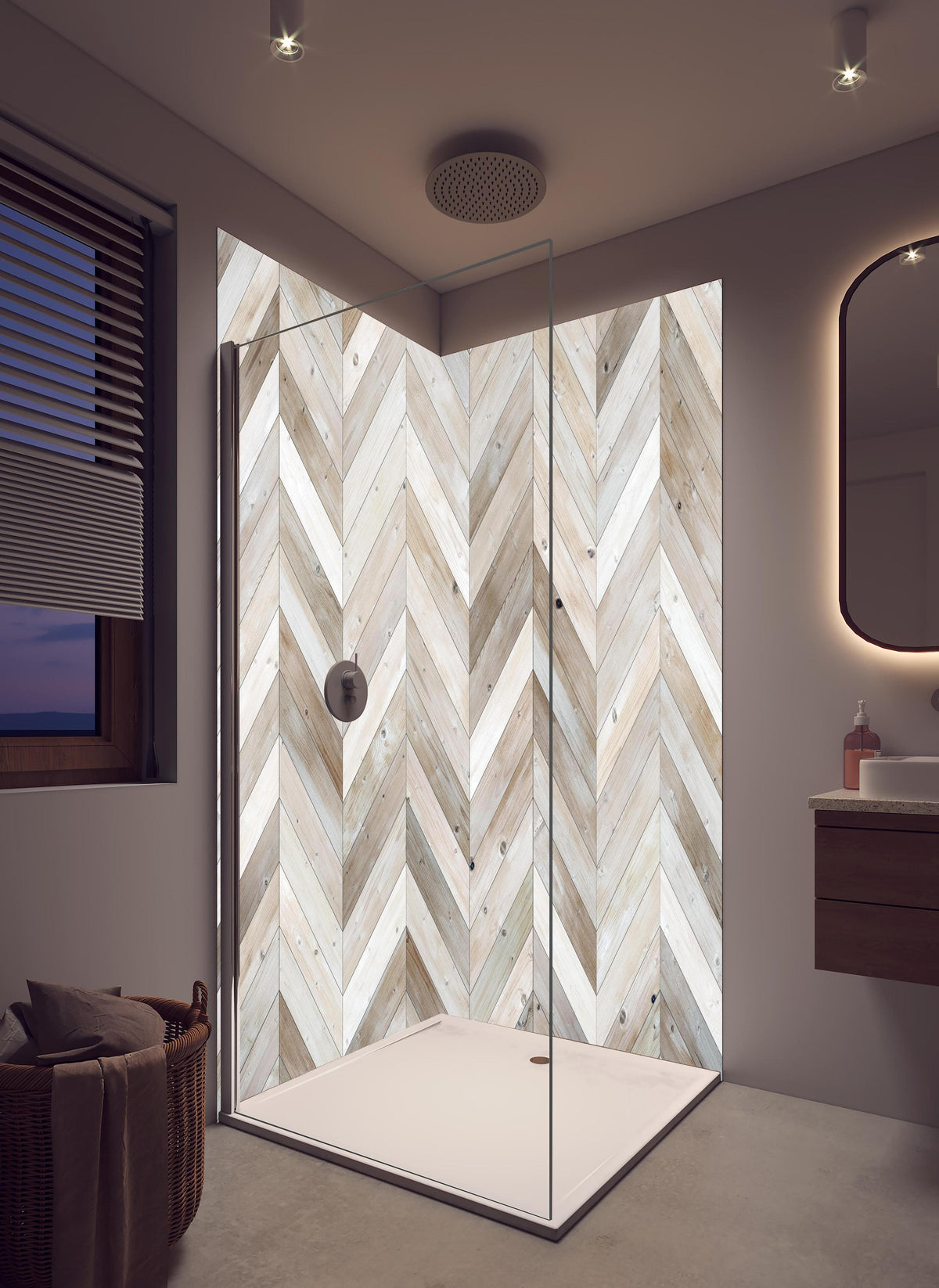 Duschrückwand - Weiße Chevron Textur in hellem Badezimmer mit Regenduschkopf - zweiteilige Eck-Duschrückwand