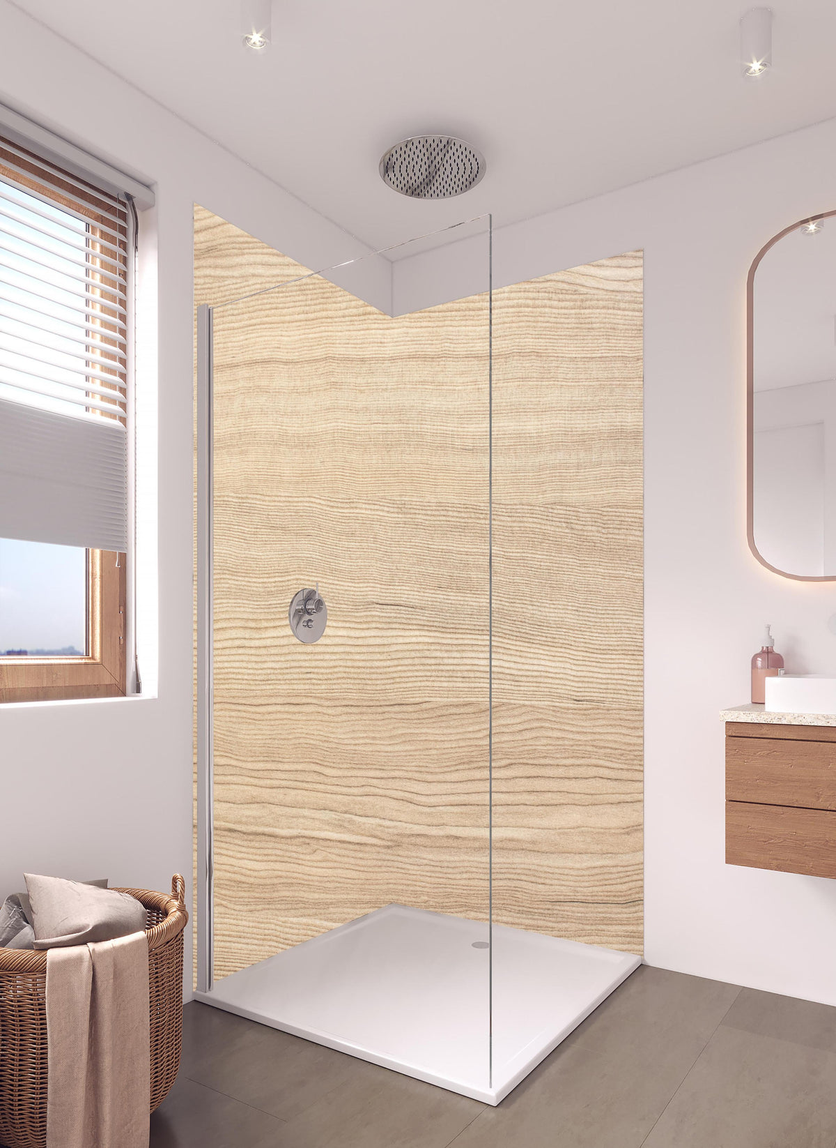 Duschrückwand - moderne Eiche Holztextur in hellem Badezimmer mit Regenduschkopf - zweiteilige Eck-Duschrückwand