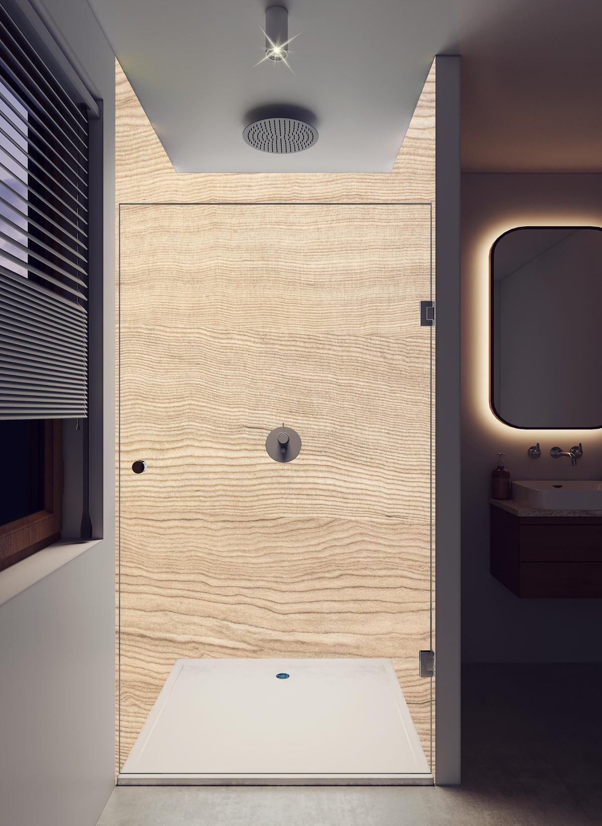 Duschrückwand - moderne Eiche Holztextur in hellem Badezimmer mit Regenduschkopf - zweiteilige Eck-Duschrückwand
