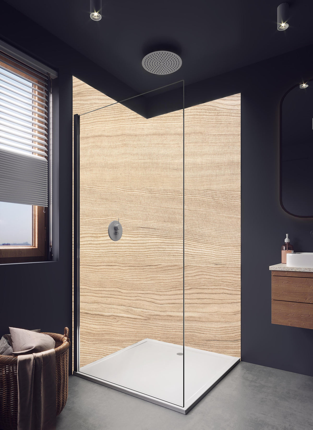 Duschrückwand - moderne Eiche Holztextur in hellem Badezimmer mit Regenduschkopf - zweiteilige Eck-Duschrückwand