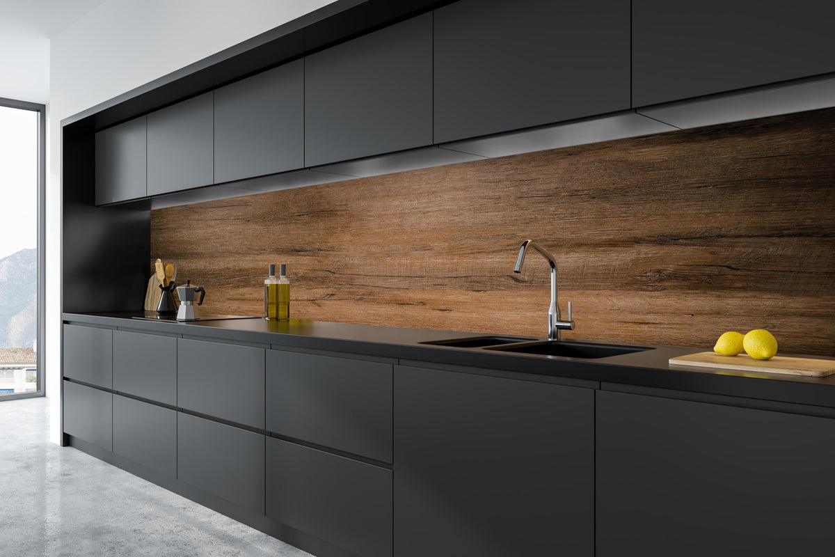 Küche - Dunkelbraune Holzplatte in tiefschwarzer matt-premium Einbauküche
