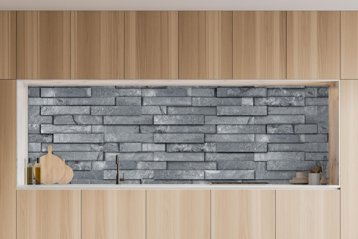 Küche - Nahtlose graue Schiefersteinwand Textur in charakteristischer Vollholz-Küche mit modernem Gasherd