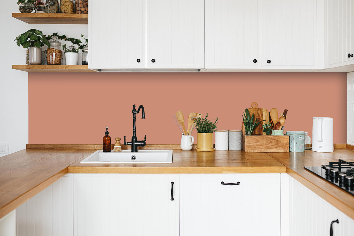 Küche - RAL 3012 (Beige-Rot) in weißer Küche hinter Gewürzen und Kochlöffeln aus Holz