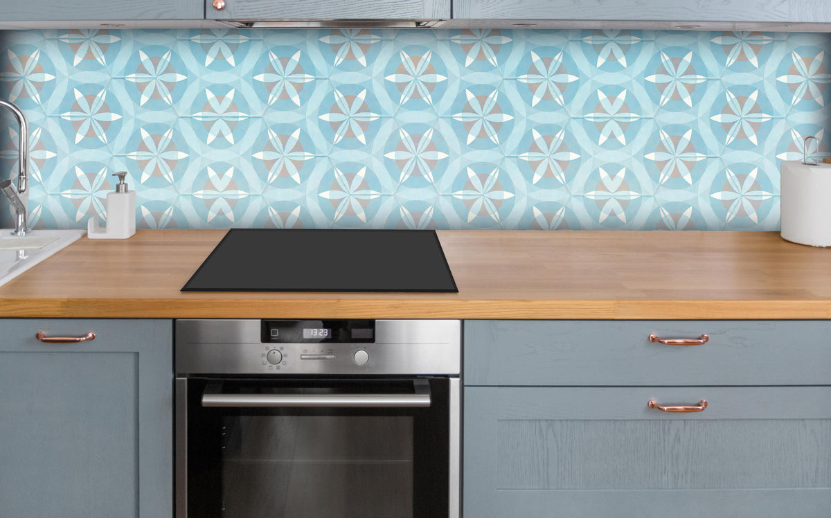 Küche - Türkis-Braun Vintage geometrisch Mosaik über polierter Holzarbeitsplatte mit Cerankochfeld