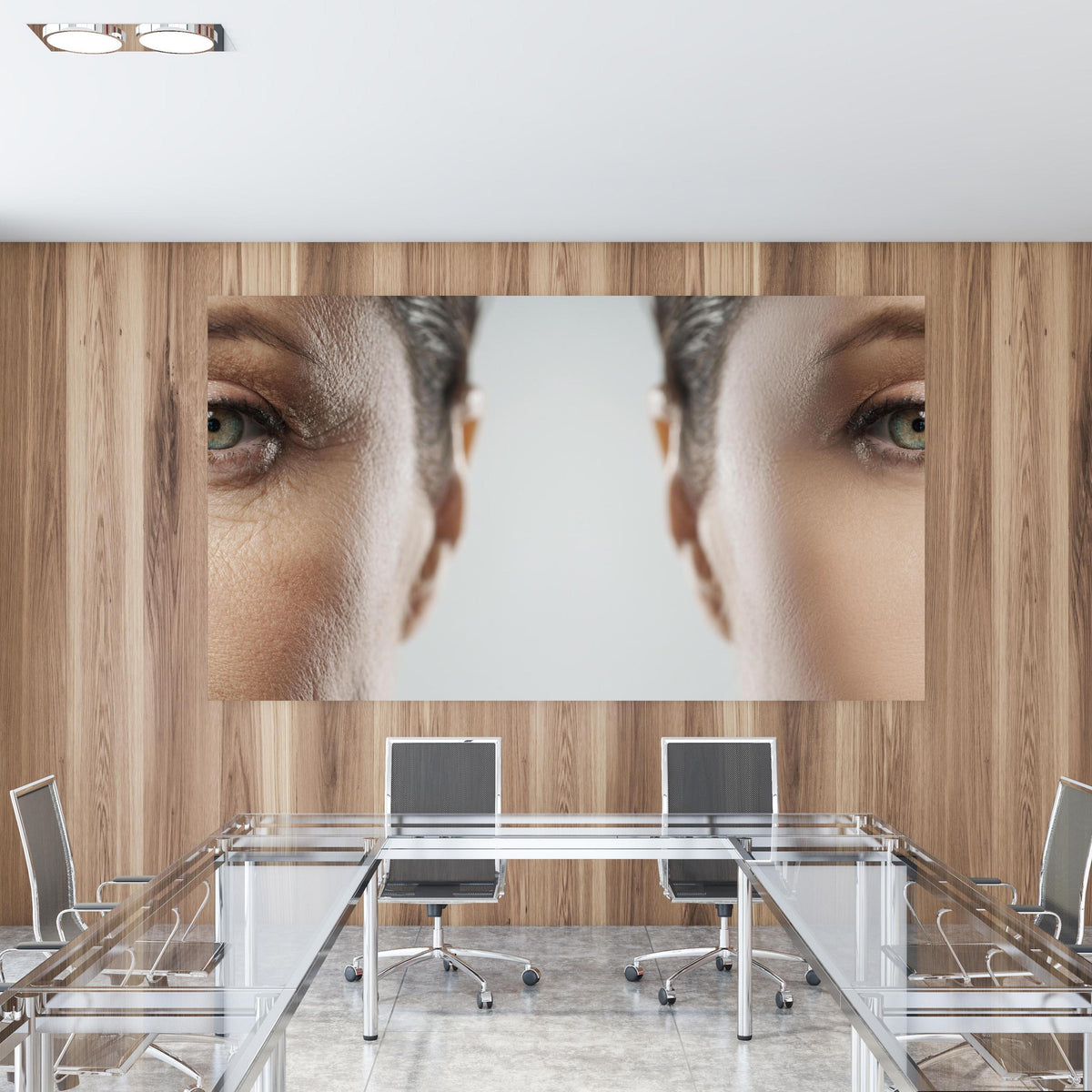 Office Poster - Alt und jung im Vergleich in einem Konferenzraum mit Glastisch und Holzwand
