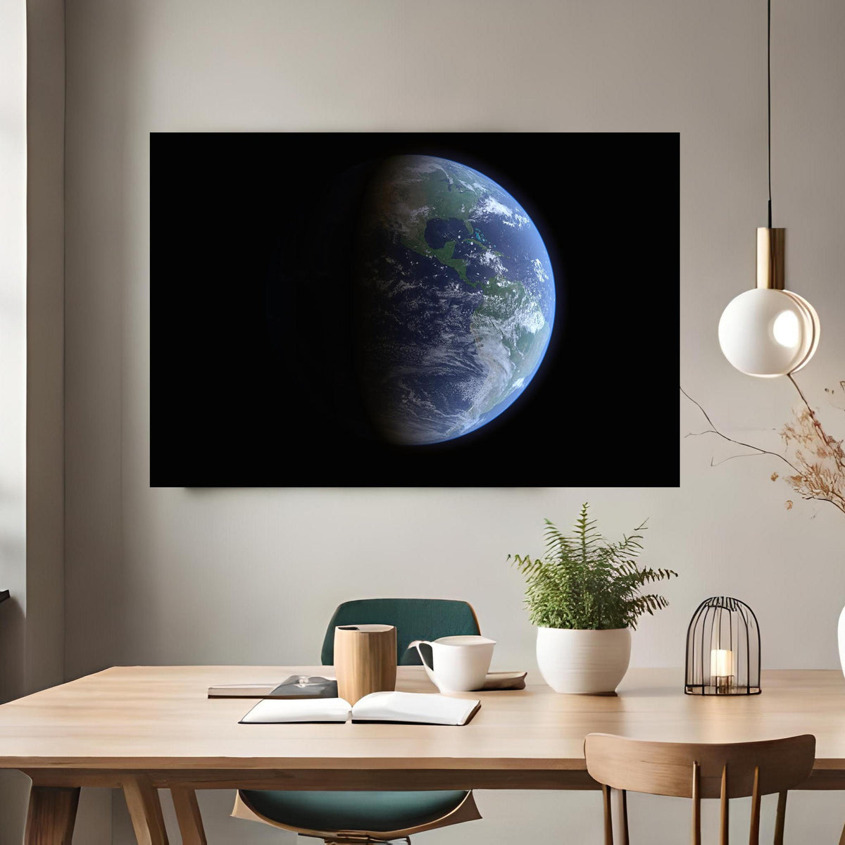 Office Poster - Blick auf die Erde vom Weltall über klassischem Holztisch mit runder Vase - rechteckig
