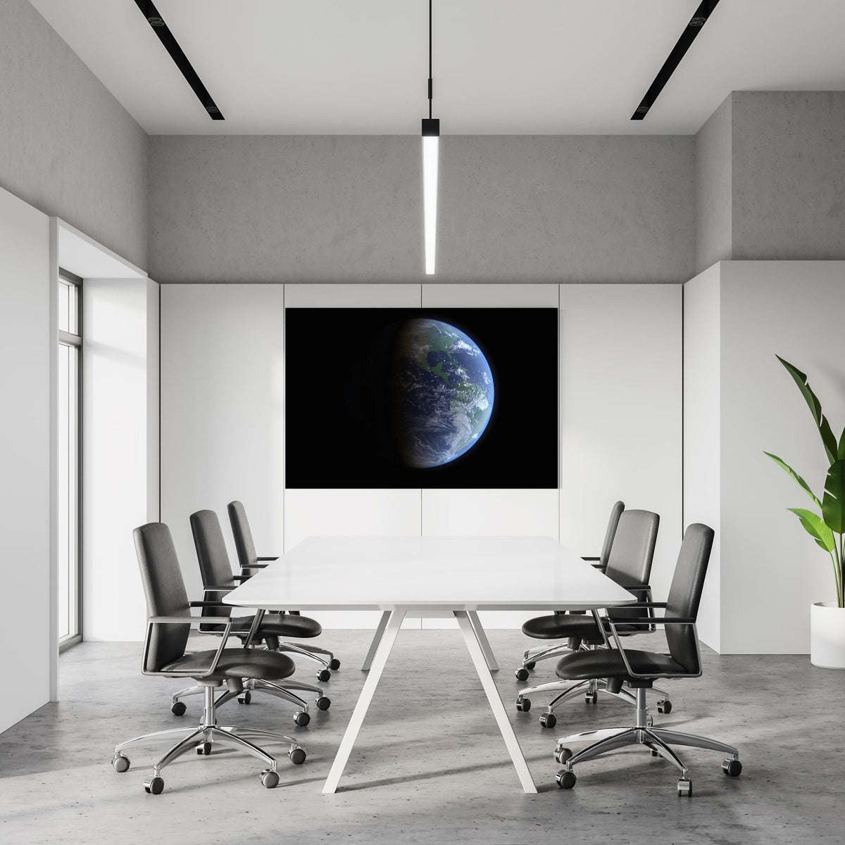 Office Poster - Blick auf die Erde vom Weltall in einem Konferenzraum an weißer Wand hängend