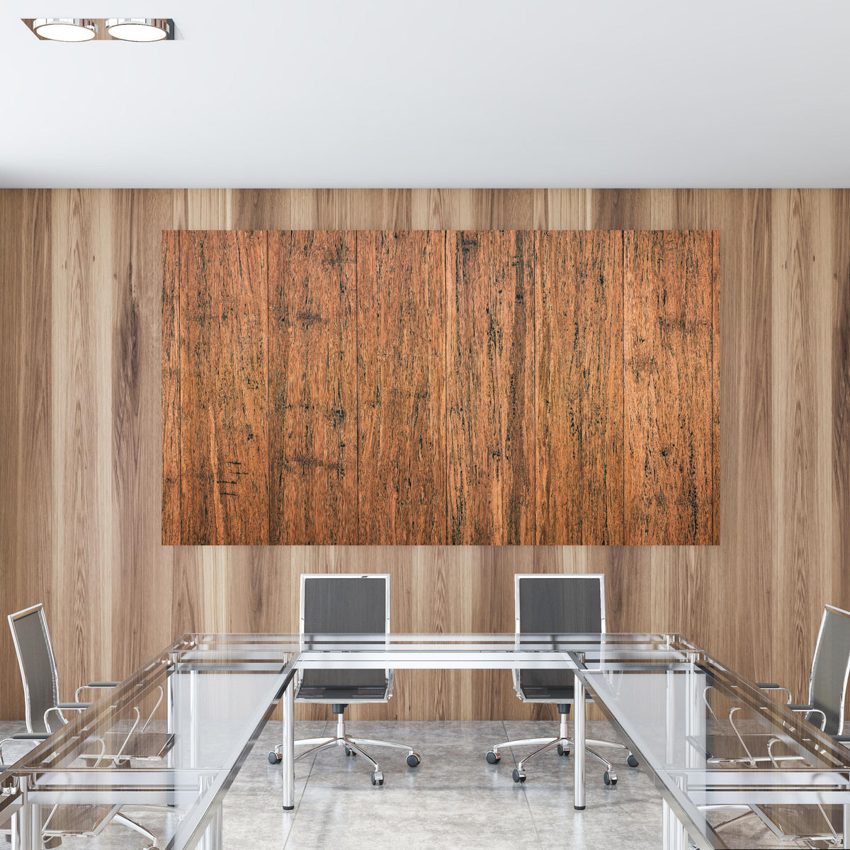 Office Poster - Dunkelbraunes rustikales Holzbrett in einem Konferenzraum mit Glastisch und Holzwand