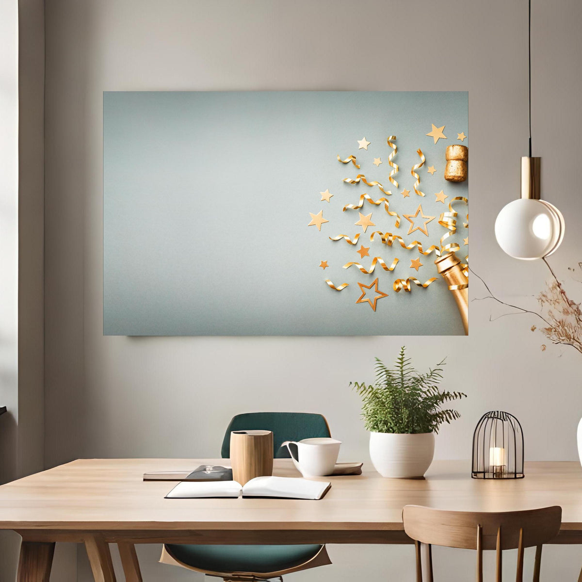 Office Poster - Goldene Champagnerflasche im Sylvester design über klassischem Holztisch mit runder Vase - rechteckig