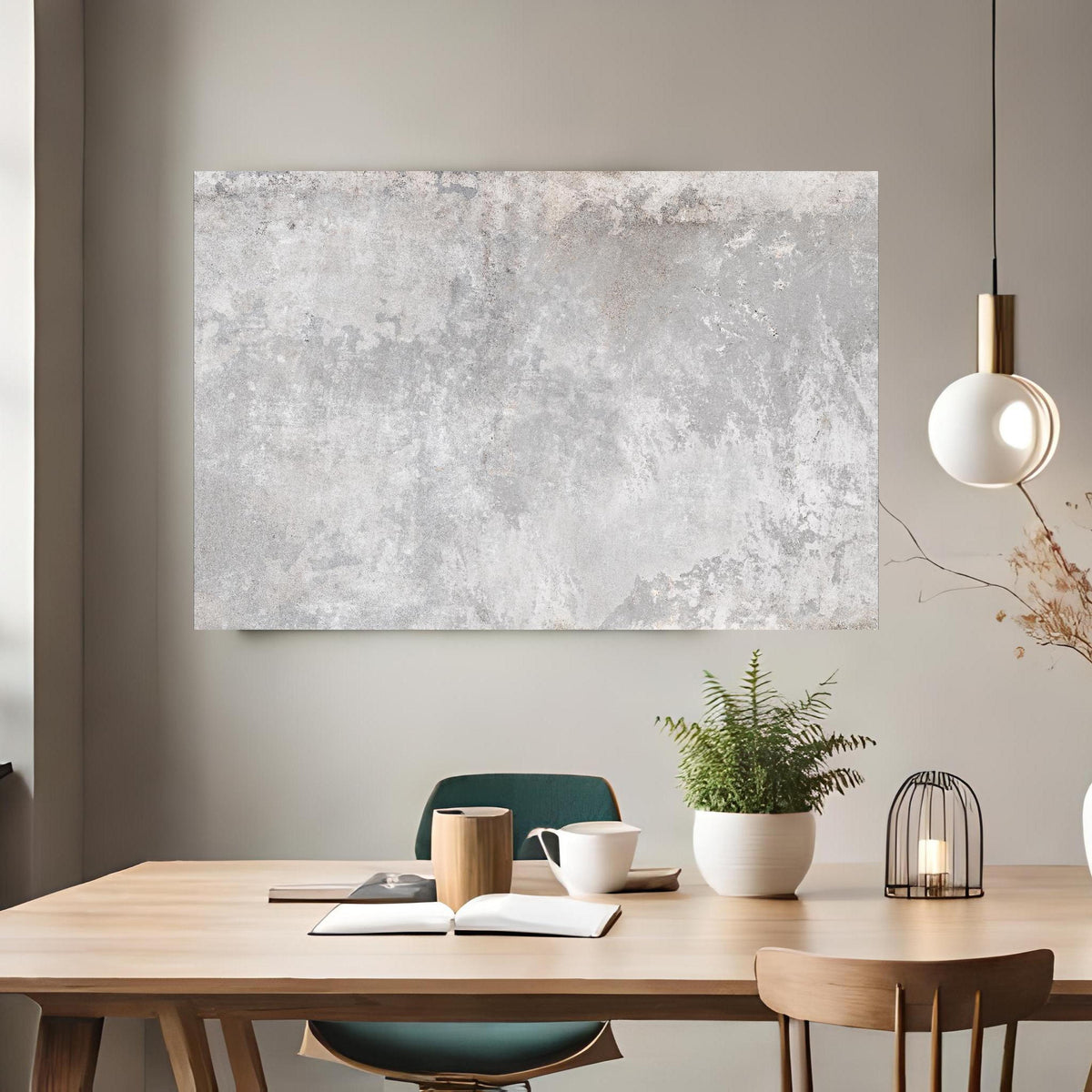 Office Poster - Grauer Zement-Hintergrund über klassischem Holztisch mit runder Vase - rechteckig