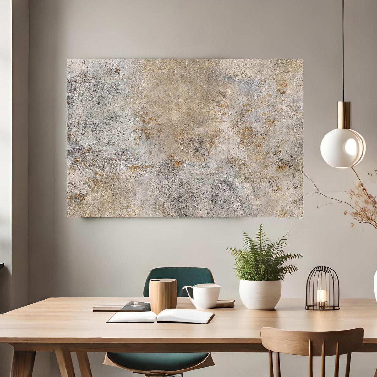 Office Poster - Grauer Zement Hintergrund über klassischem Holztisch mit runder Vase - rechteckig