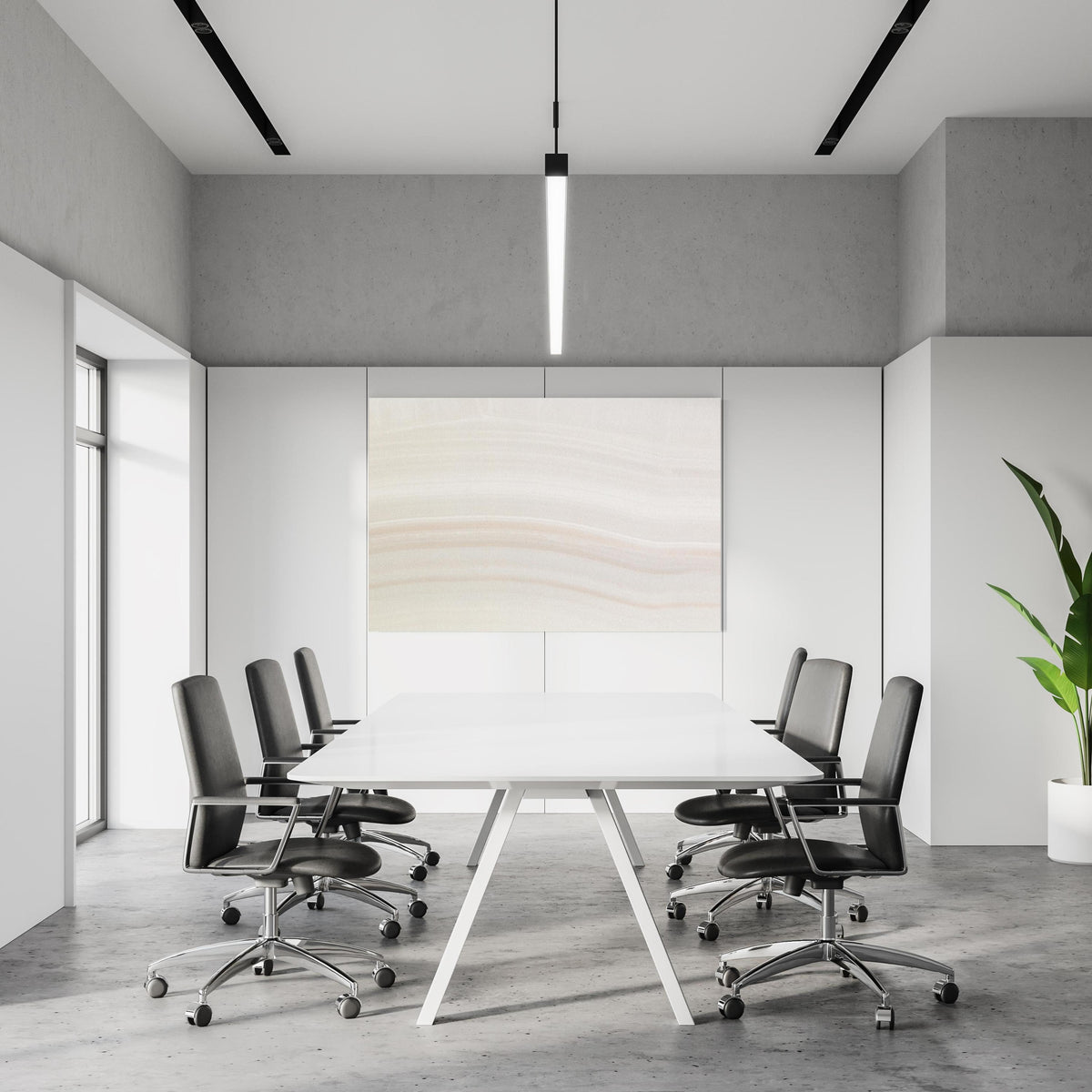 Office Poster - Natürliches Onyxmarmormuster in einem Konferenzraum an weißer Wand hängend