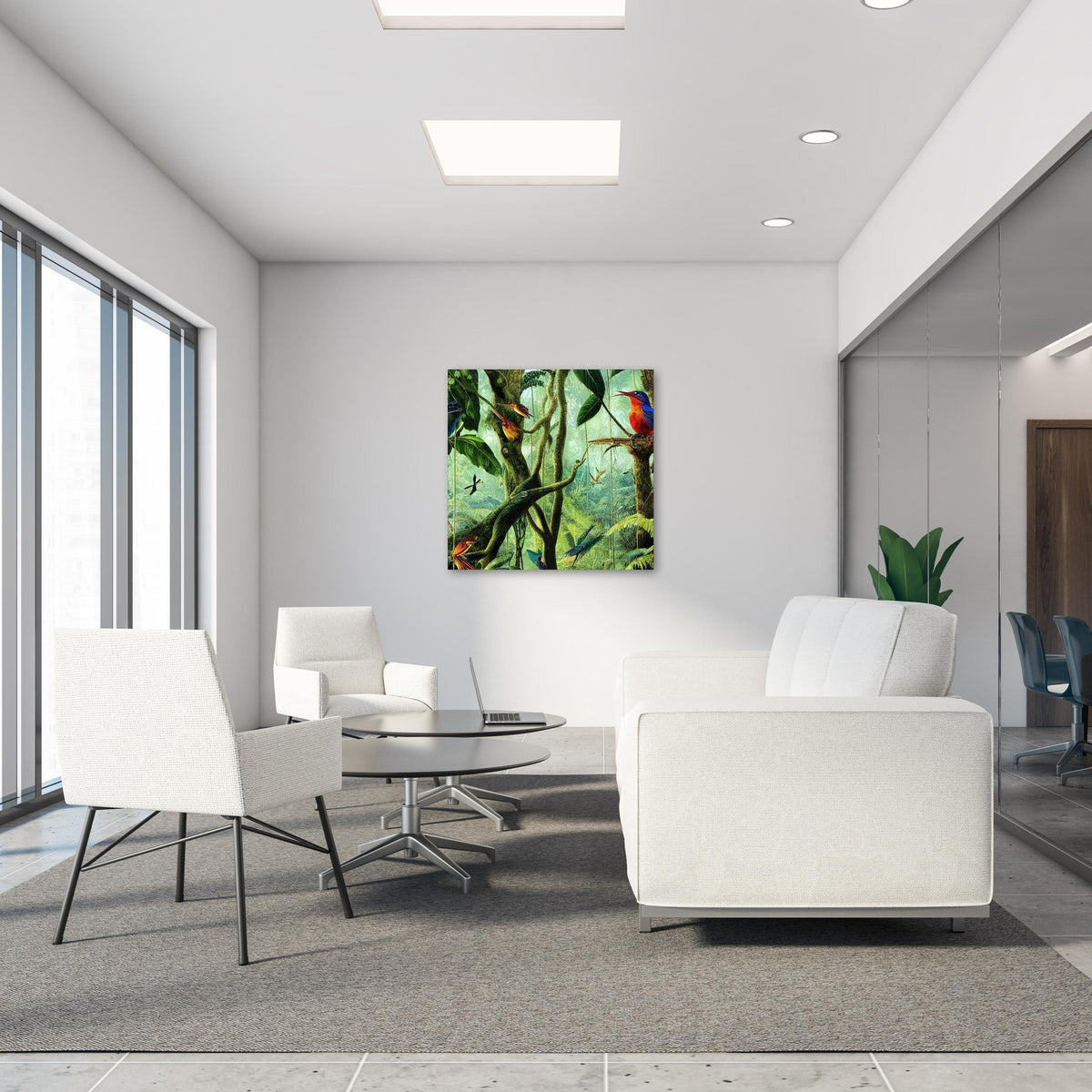 Office Poster - Regenwald mit exotischen Tieren in modernem Büro-Pausenraum mit Glaswand