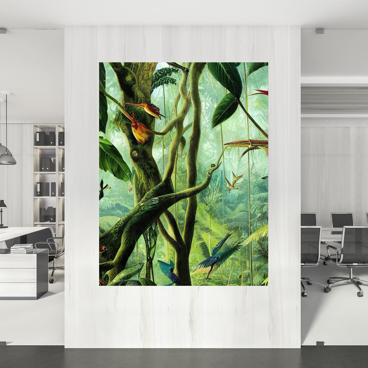 Office Poster - Regenwald mit exotischen Tieren an einer Wand innerhalb stilvoll eingerichtetem Büro