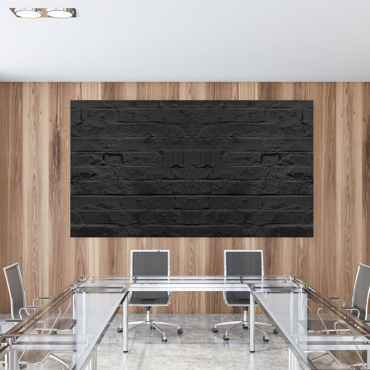 Office Poster - Schwarze anthrazit Ziegeln in einem Konferenzraum mit Glastisch und Holzwand