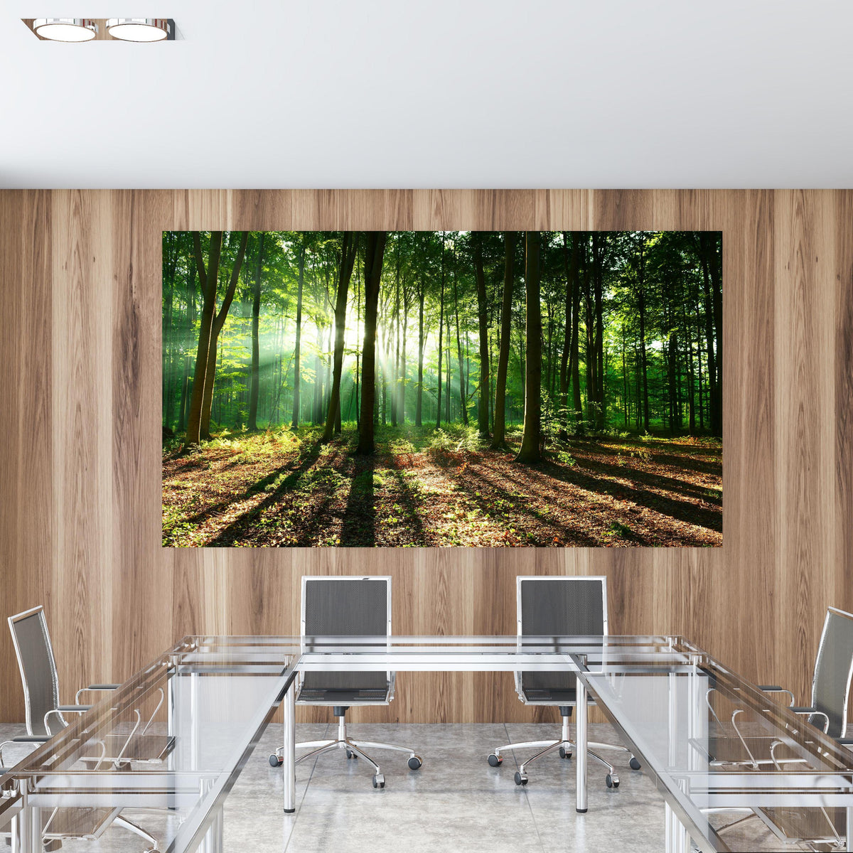 Office Poster - Sonnenaufgang im Bayrischem Wald in einem Konferenzraum mit Glastisch und Holzwand