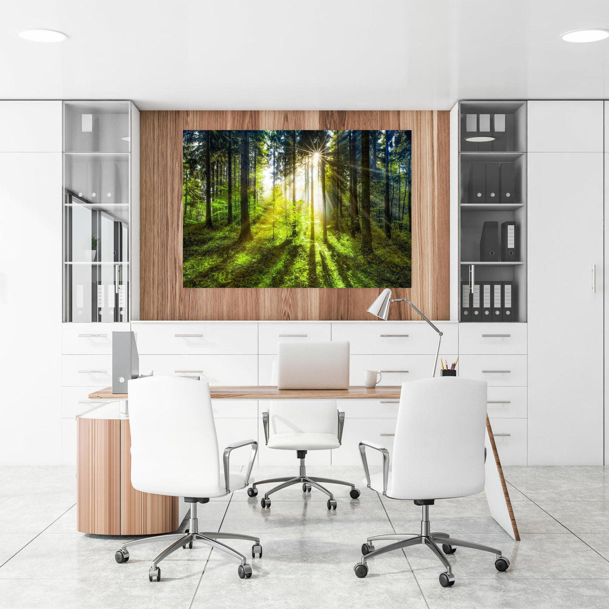 Office Poster - Sonnenstrahlen im lebendigem Wald an einer Holzwand hängend im Büroraum
Office Poster - Sonnenstrahlen im lebendigem Wald an einer Holzwand hängend im Büroraum