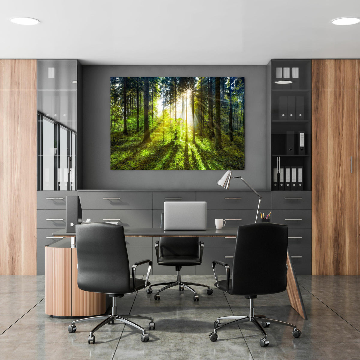 Office Poster - Sonnenstrahlen im lebendigem Wald in klassischem Büroraum zwischen Holzschränken
