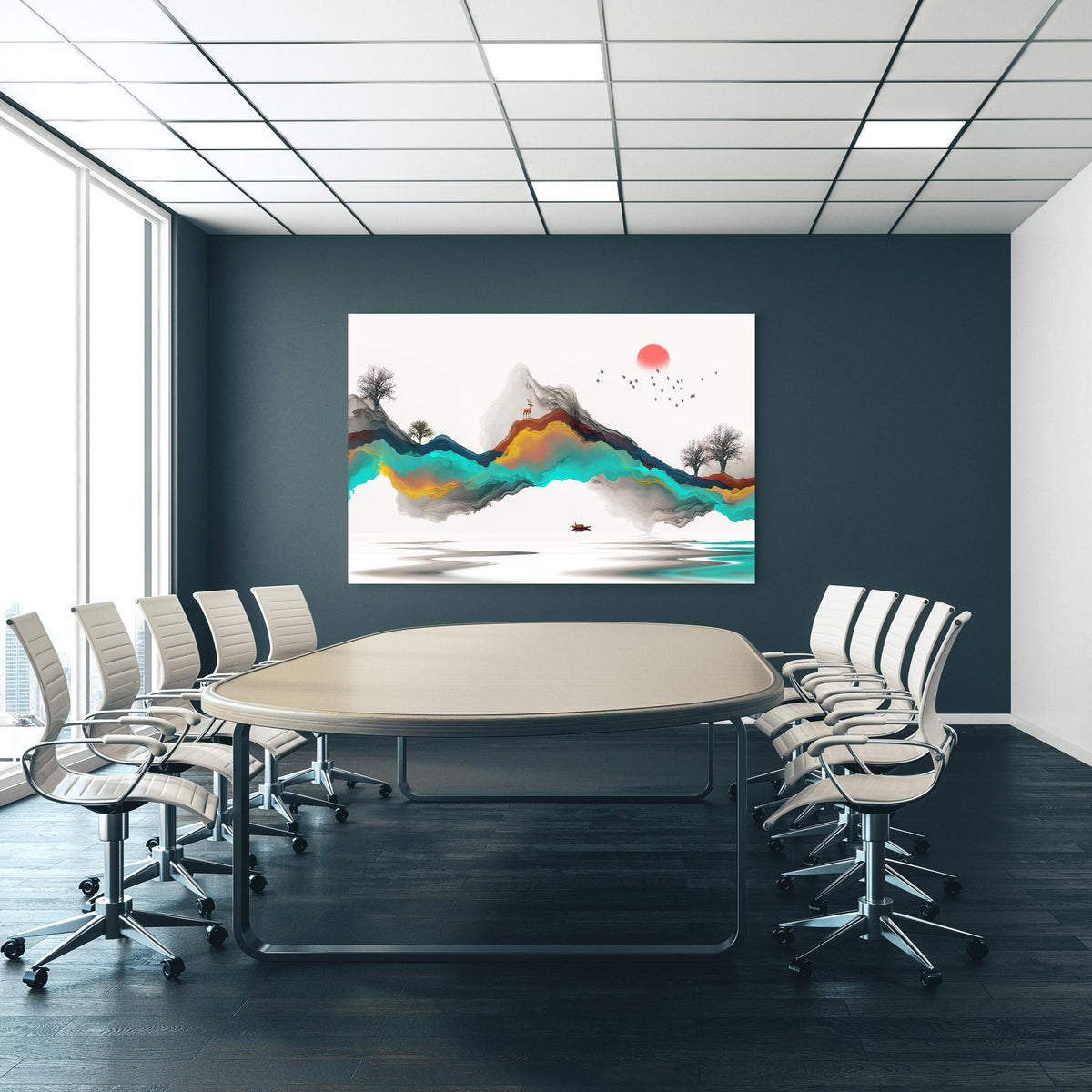 Office Poster - Tinte Linie Dekoration Landschaft an blauer Wand in einem Besprechungsraum
