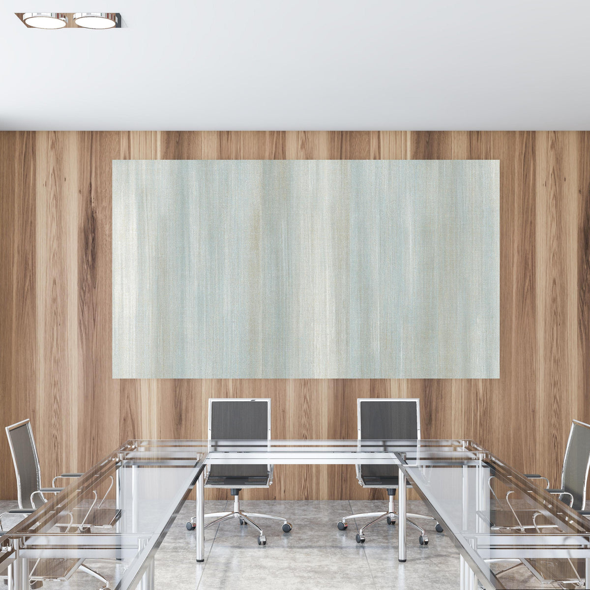 Office Poster - Türkis gräulicher Struktur-Tapete in einem Konferenzraum mit Glastisch und Holzwand