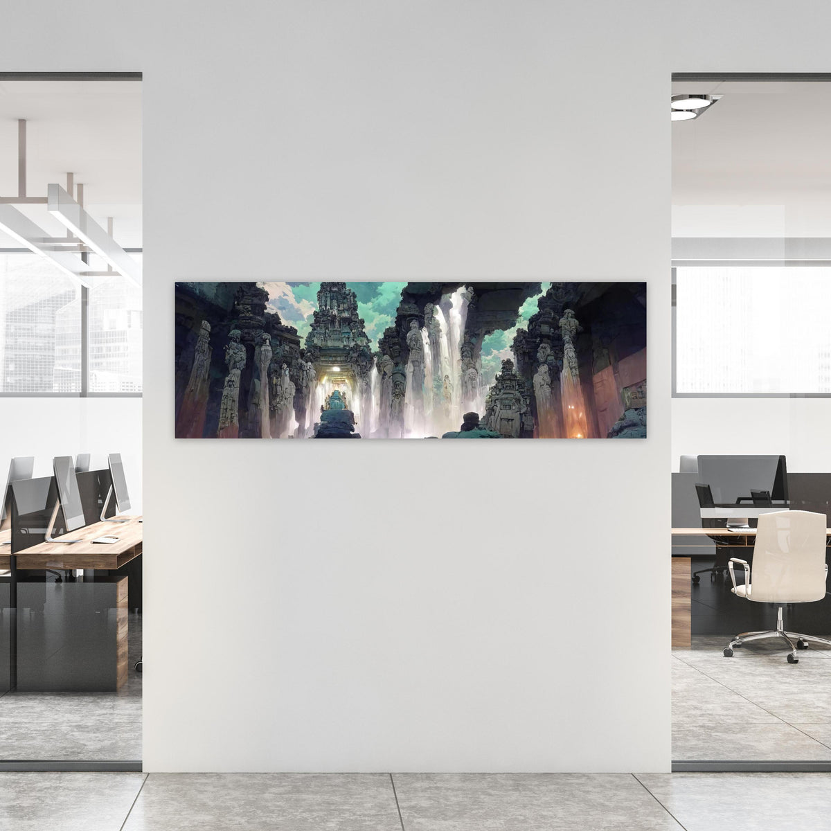 Office Poster - Wasserfall in einer Höhle - Zeichnung an weißer Wand in hell eingerichtetem Büro