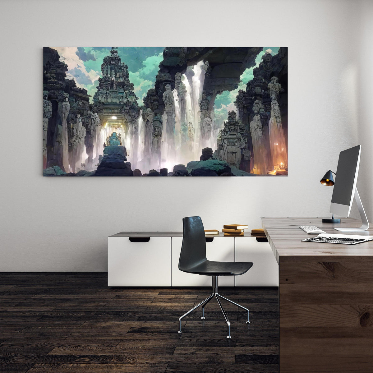 Office Poster - Wasserfall in einer Höhle - Zeichnung an einer Wand in minimalistisch eingerichtetem Heim-Büro