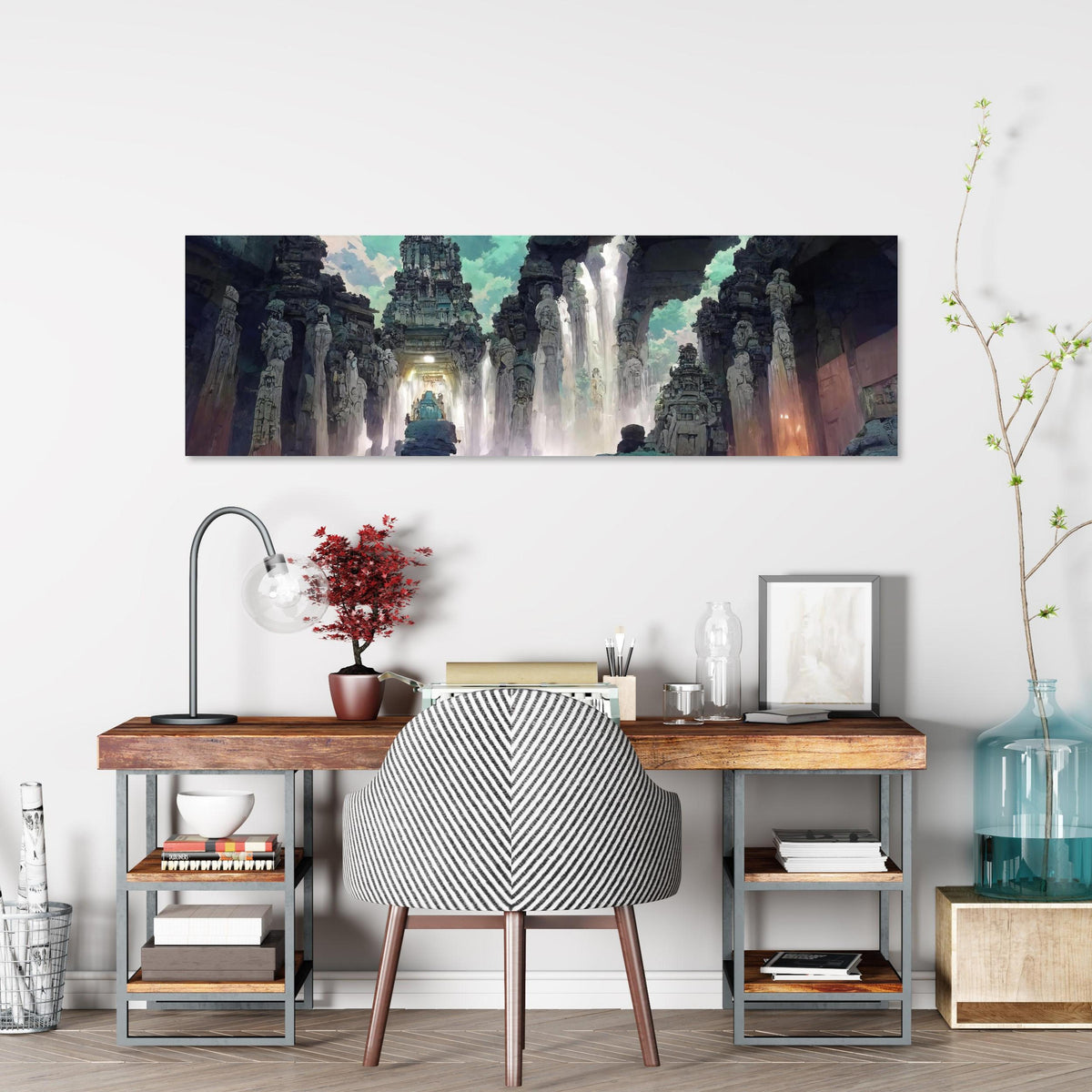 Office Poster - Wasserfall in einer Höhle - Zeichnung über klassischem Holzschreibtisch mit Bücherregal