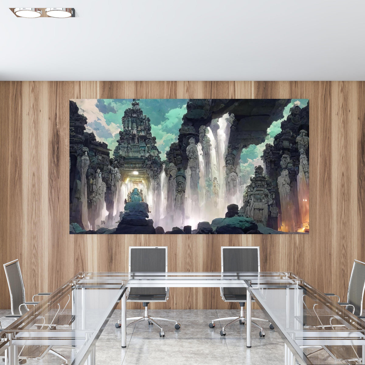 Office Poster - Wasserfall in einer Höhle - Zeichnung in einem Konferenzraum mit Glastisch und Holzwand