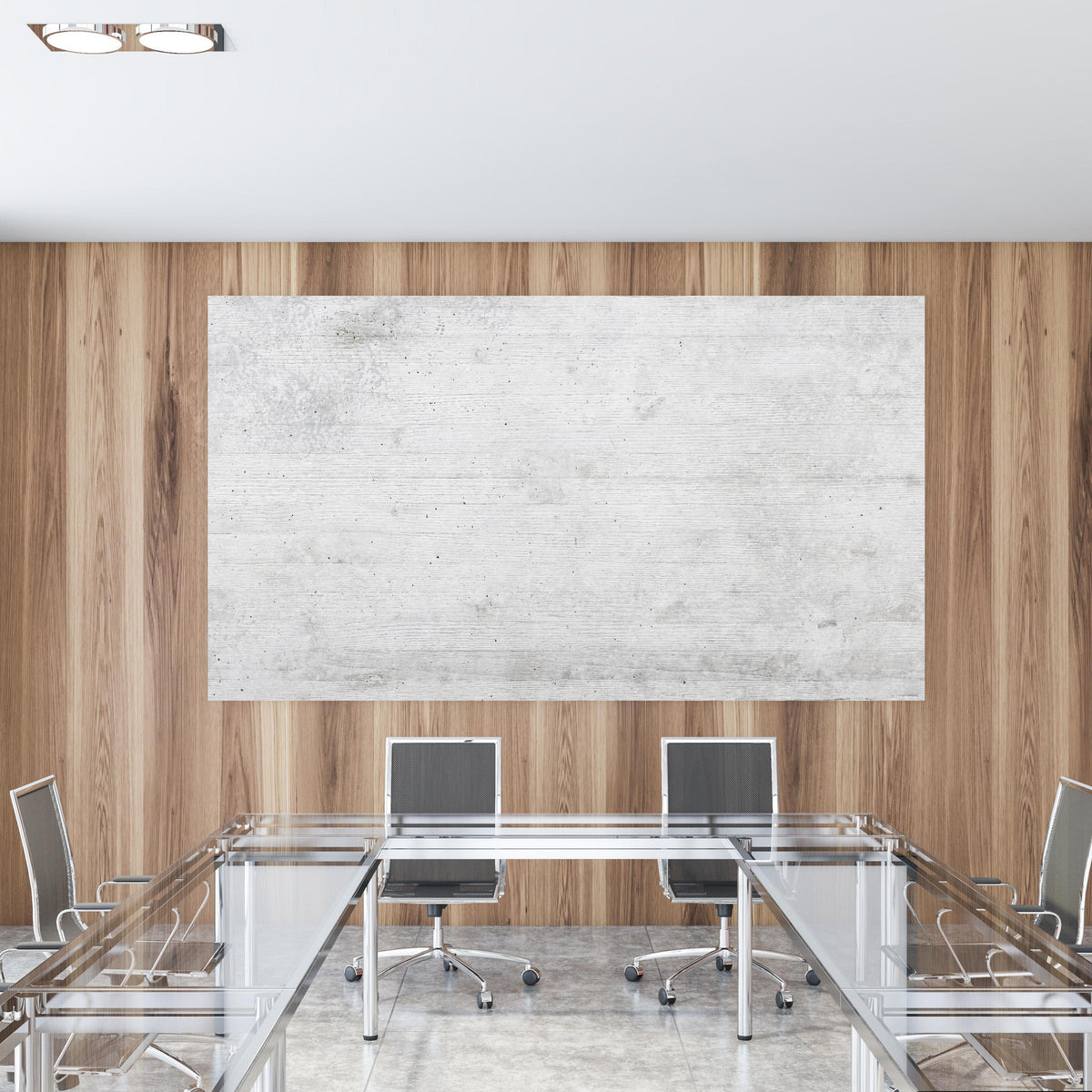 Office Poster - Weiße Betonstruktur in einem Konferenzraum mit Glastisch und Holzwand