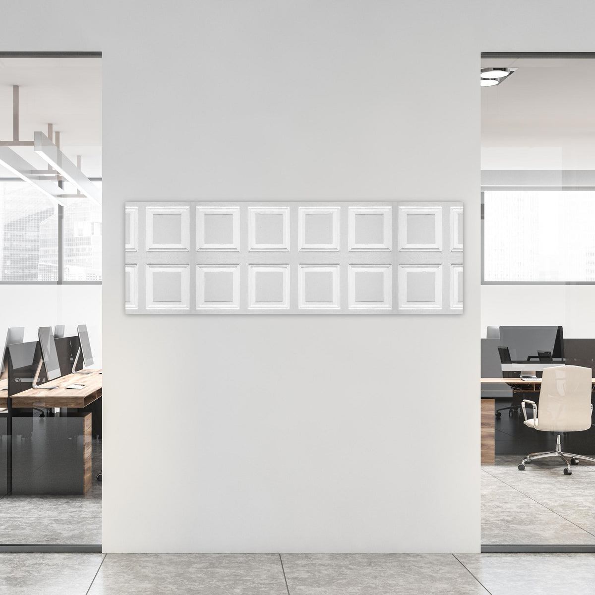 Office Poster - Weiße Quadratische Tür Textur an weißer Wand in hell eingerichtetem Büro
