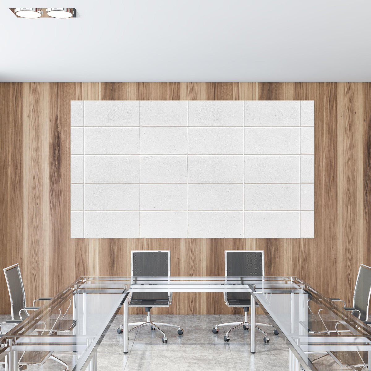 Office Poster - Weiße Zementblock-Wand in einem Konferenzraum mit Glastisch und Holzwand