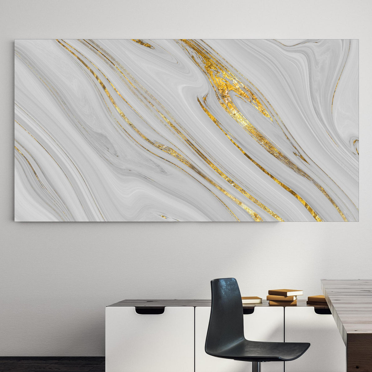 Office Poster - Weißes Marmor Muster mit goldenen Adern an einer Wand in minimalistisch eingerichtetem Heim-Büro Zoom