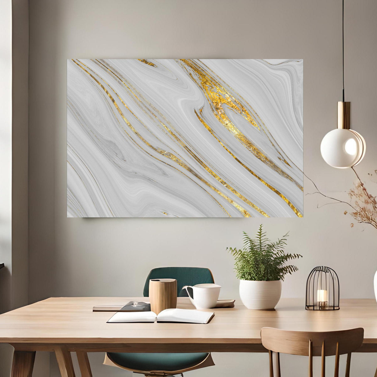 Office Poster - Weißes Marmor Muster mit goldenen Adern über klassischem Holztisch mit runder Vase - rechteckig