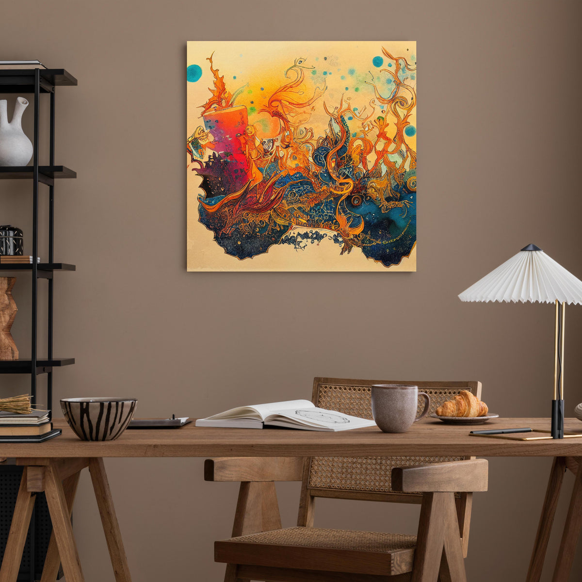 Office Poster - abstrakte bunte Aquarell-Design Illustration über poliertem Holztisch mit stilvoller Lampe - quadratisch