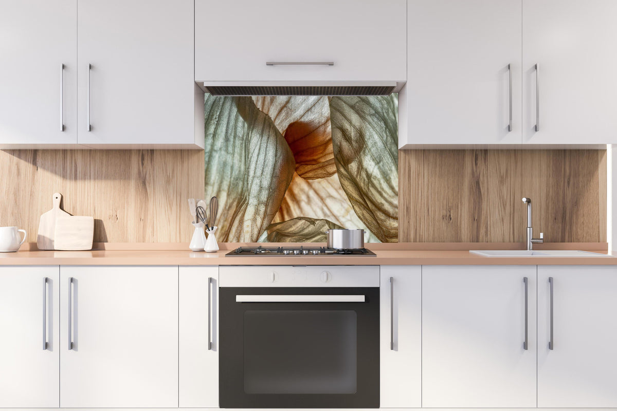 Spritzschutz - Makrofotografie der Schalenblatttextur einer Zwiebel hinter einem Cerankochfeld zwischen Holz-Kochutensilien