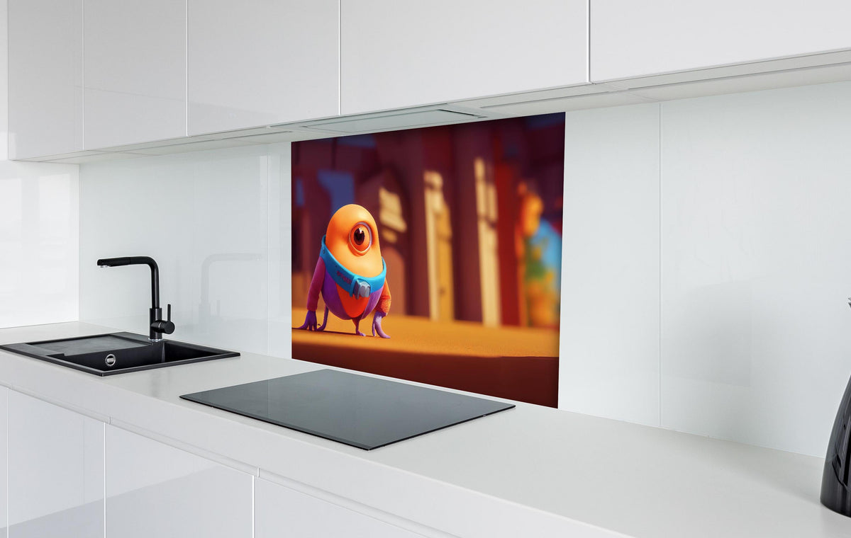 Spritzschutz - Orangenes Cartoon Männchen hinter einem Cerankochfeld zwischen Holz-Kochutensilien