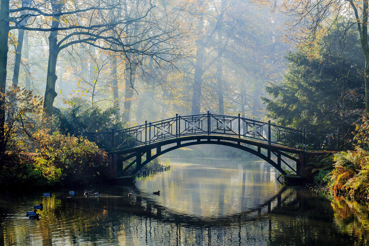 Spritzschutz-Alte Brücke im herbstlich nebligen Park