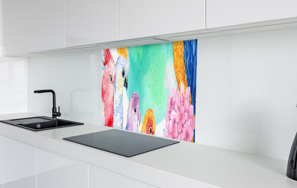 Spritzschutz - Papagei Aquarell - exotisch in weißer Hochglanz-Küche hinter einem Cerankochfeld