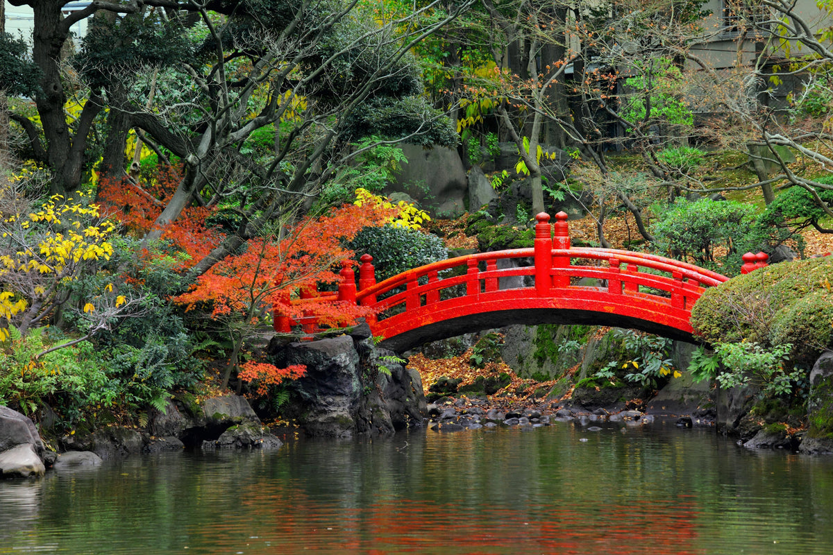 Spritzschutz-traditioneller japanischer Garten an Teich
