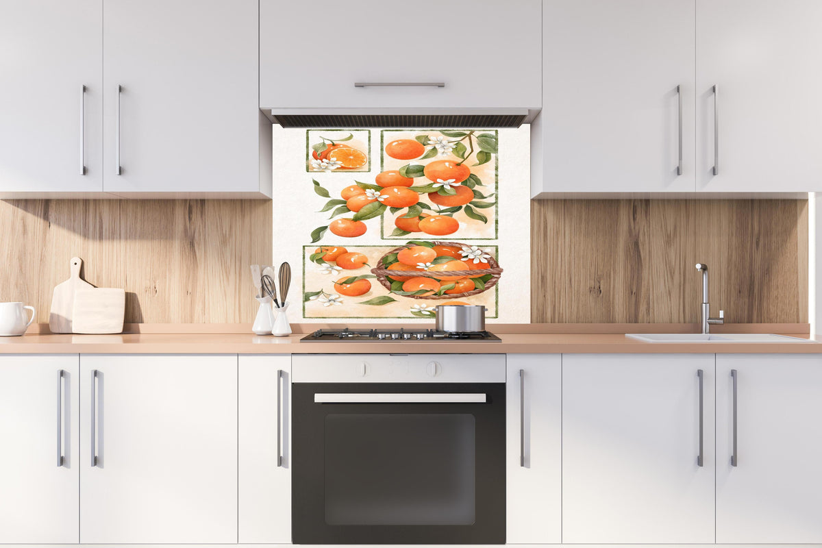 Spritzschutz - Vibrantes Orangenfrucht Stillleben mit Blumen hinter einem Cerankochfeld zwischen Holz-Kochutensilien