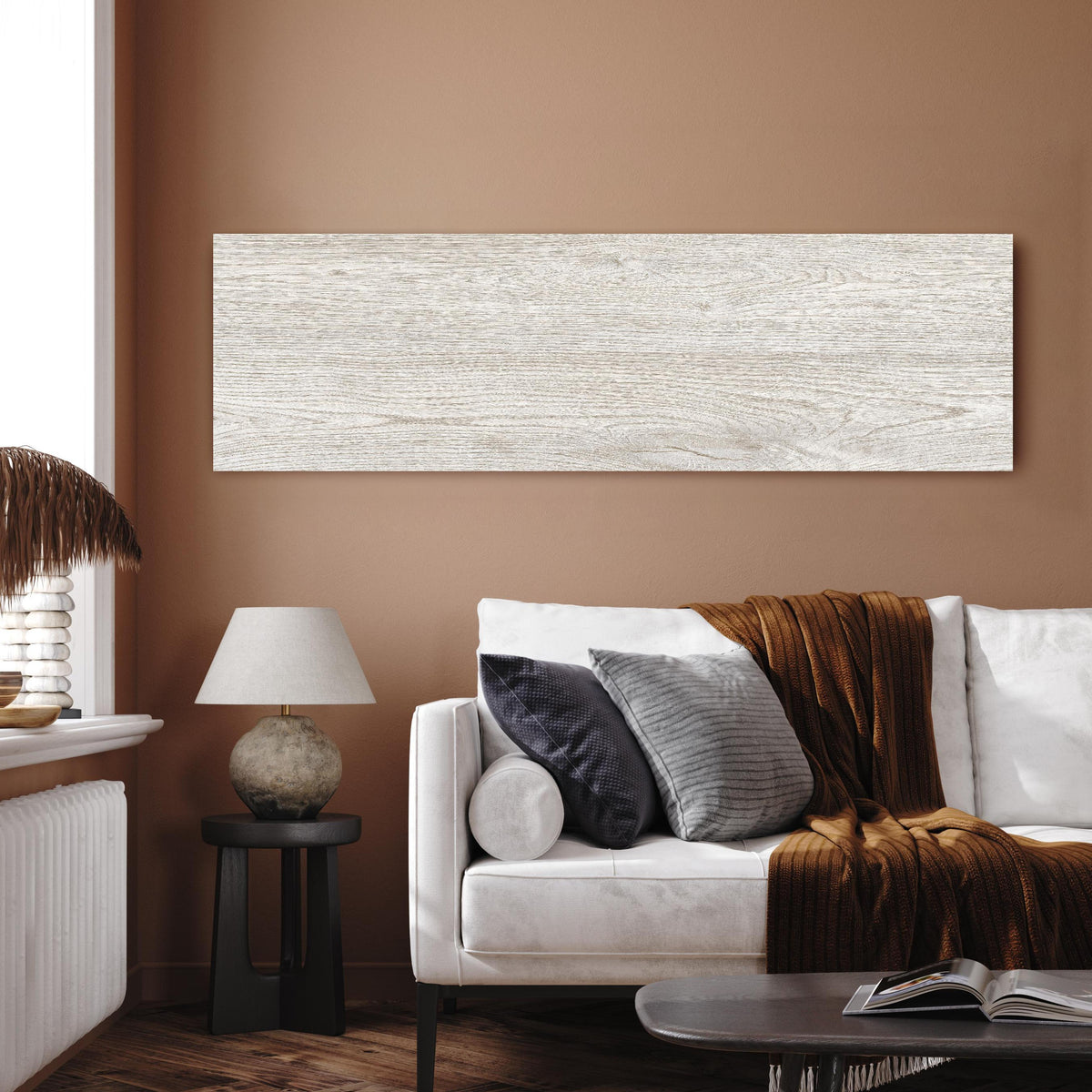 Wandbild - Helles Eichenholz in dekorativem Wohnzimmer über einladendem Sofa