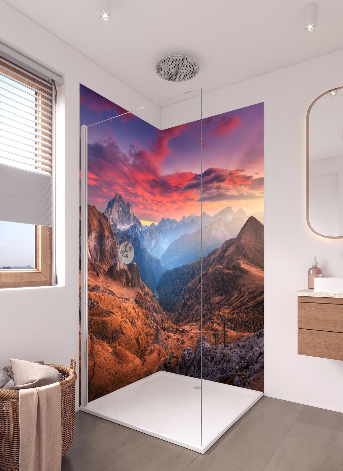 Duschrückwand - Bunt roter Himmel in hellem Badezimmer mit Regenduschkopf  - zweiteilige Eck-Duschrückwand