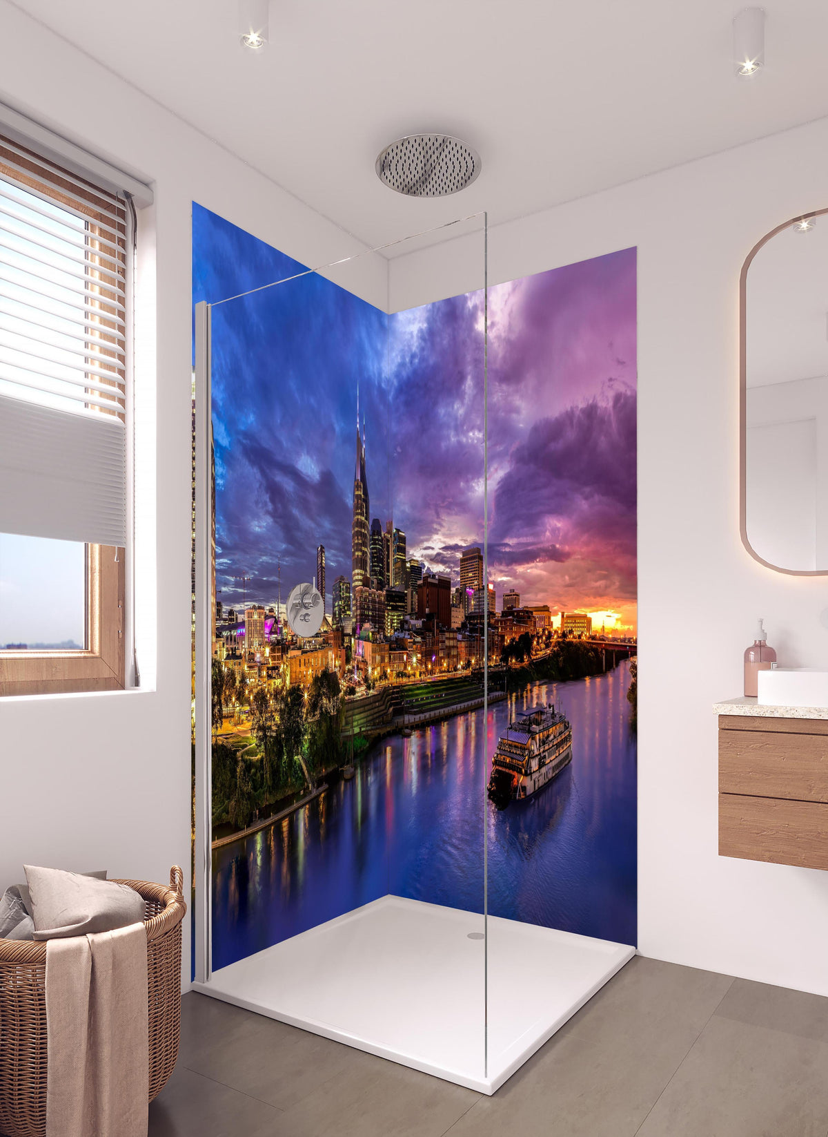 Duschrückwand - Bunte Skyline von Nashville in hellem Badezimmer mit Regenduschkopf  - zweiteilige Eck-Duschrückwand