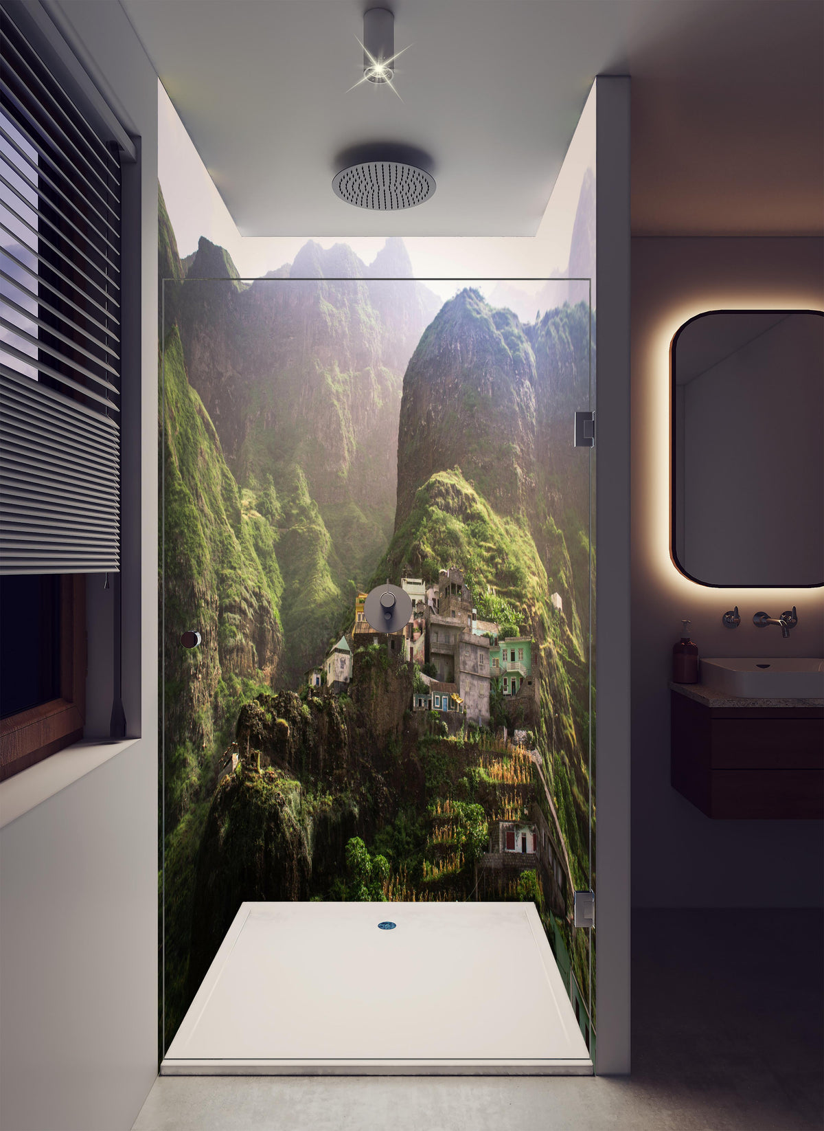 Duschrückwand - Fontainhas Landschaft in luxuriöser Dusche mit Regenduschkopf